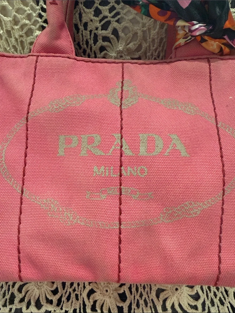 Prada Pink Canapa Canvas Tote with Floral Scarf Accent